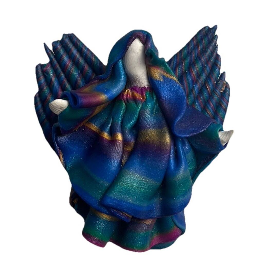 Handmade Blue Metallic Angel Brooch Pin Wings Signed Clay Religious Jewelry Gift